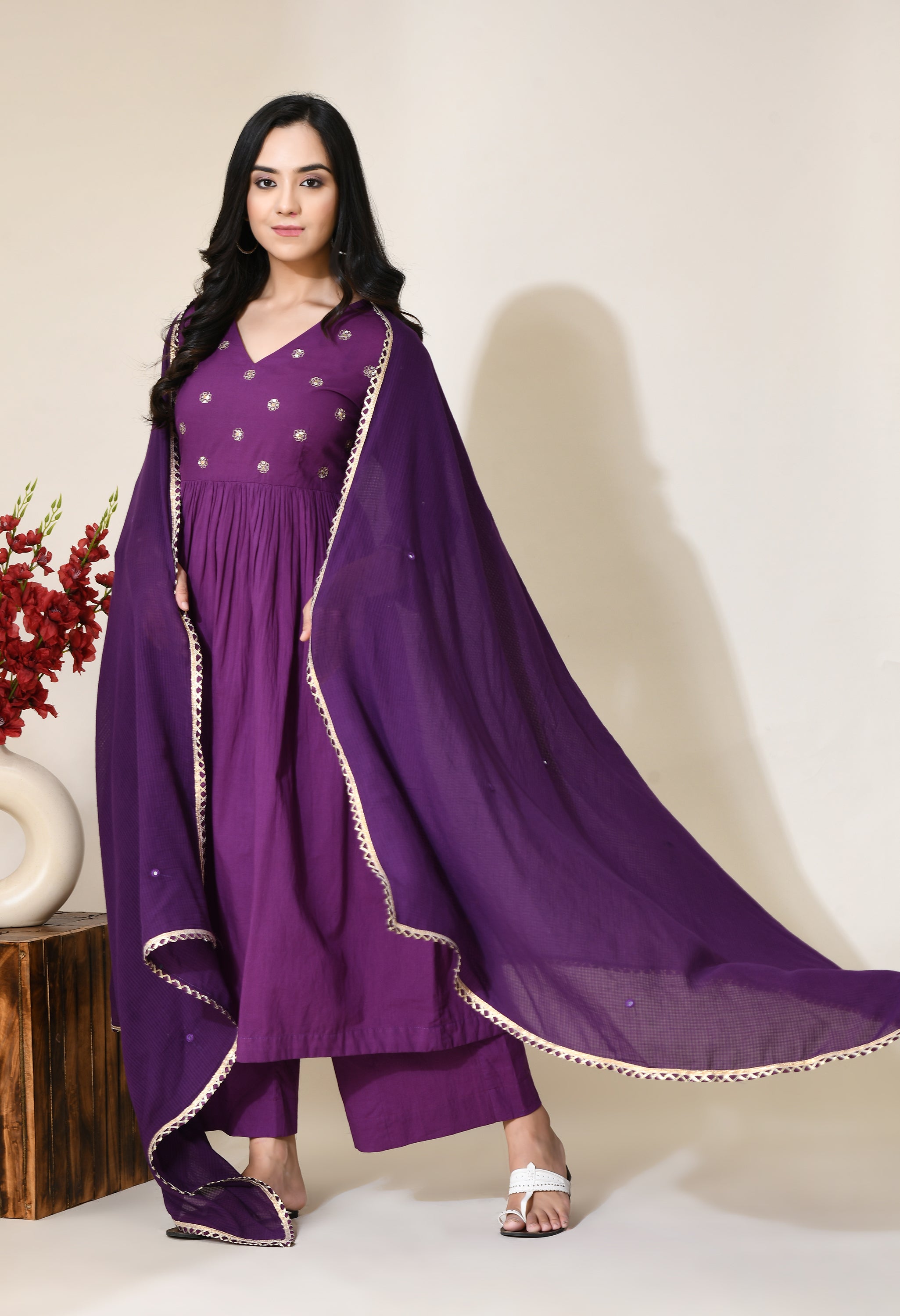 Rasberry Zari Work Cotton Kurta Set | Zari Kurtas Sets Online